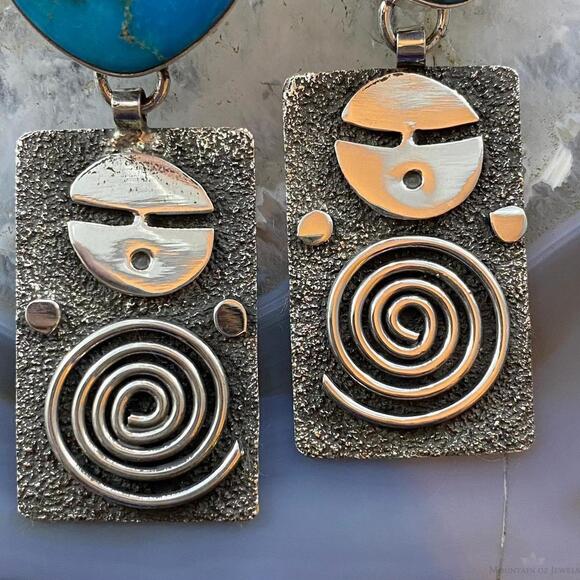 Alex Sanchez Native American Sterling Turquoise Petroglyph Dangle Earrings #2 - Picture 6 of 10